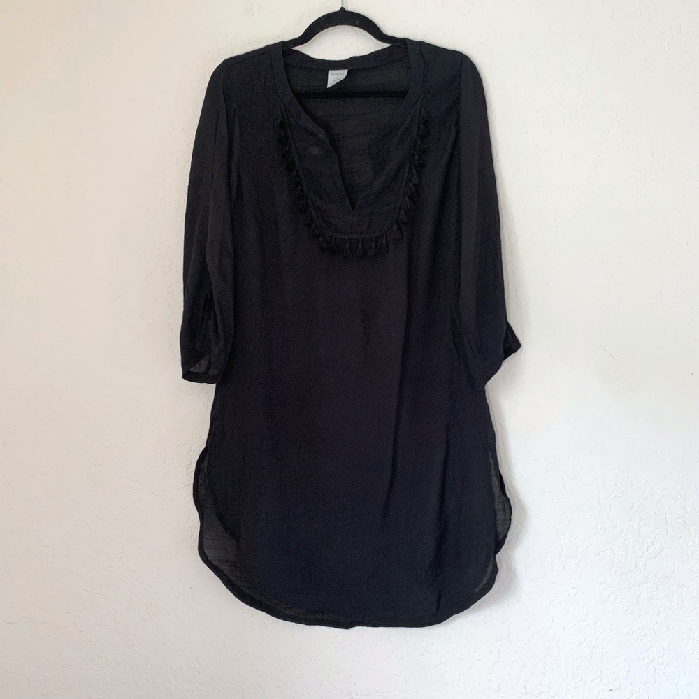 Merona Tunic Swim Cover Up Beach Dress Women S Black Tassel V-Neck Sheer Coastal
